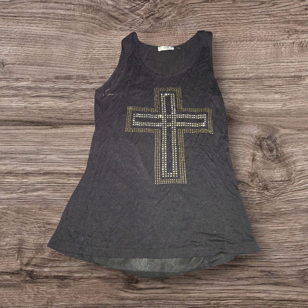 ISSI Black Tank Top with Gold Cross Design